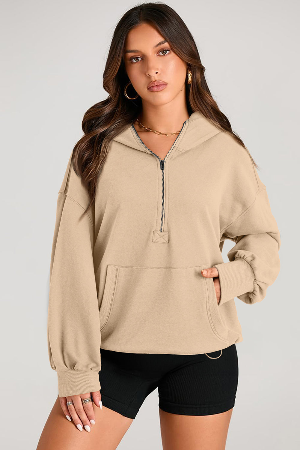Aruba Blue Kangaroo Pocket Half Zipper Oversized Hoodie