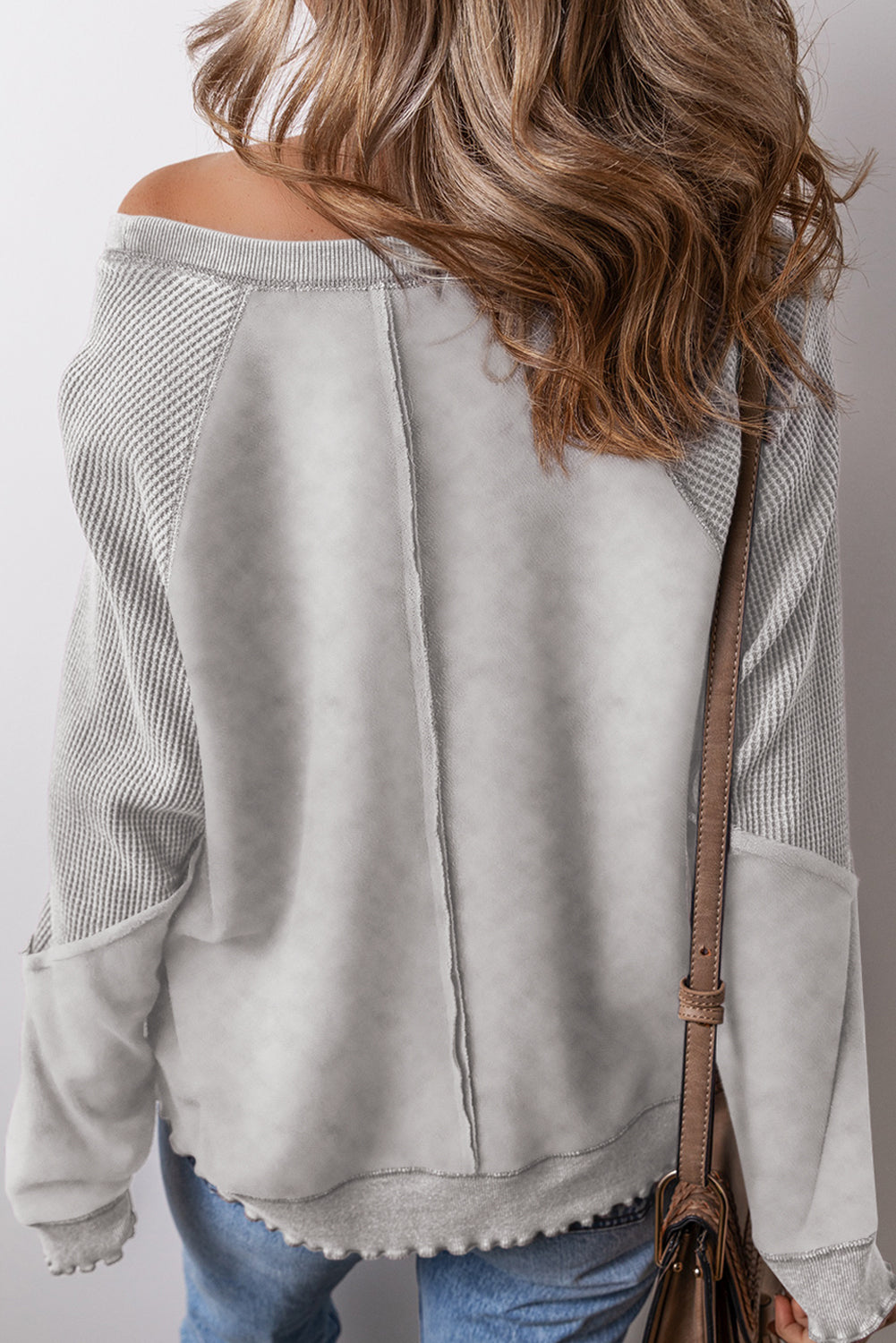 Sail Blue Waffle Knit Patchwork Raglan Sleeve Sweatshirt