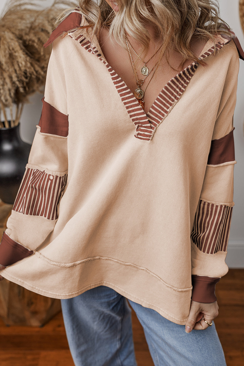 Black Striped Patchwork Collar Sweatshirt