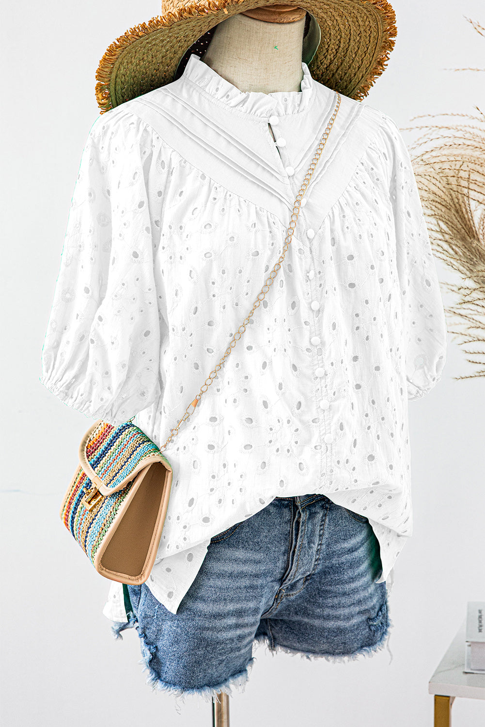 Black Hollow-out Flower Embroidered Short Puff Sleeve Blouse