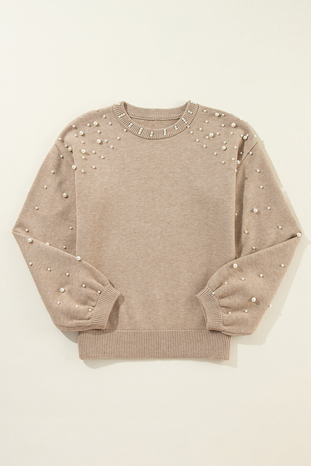 Light Grey Pearl Drop Shoulder Round Neck Sweater