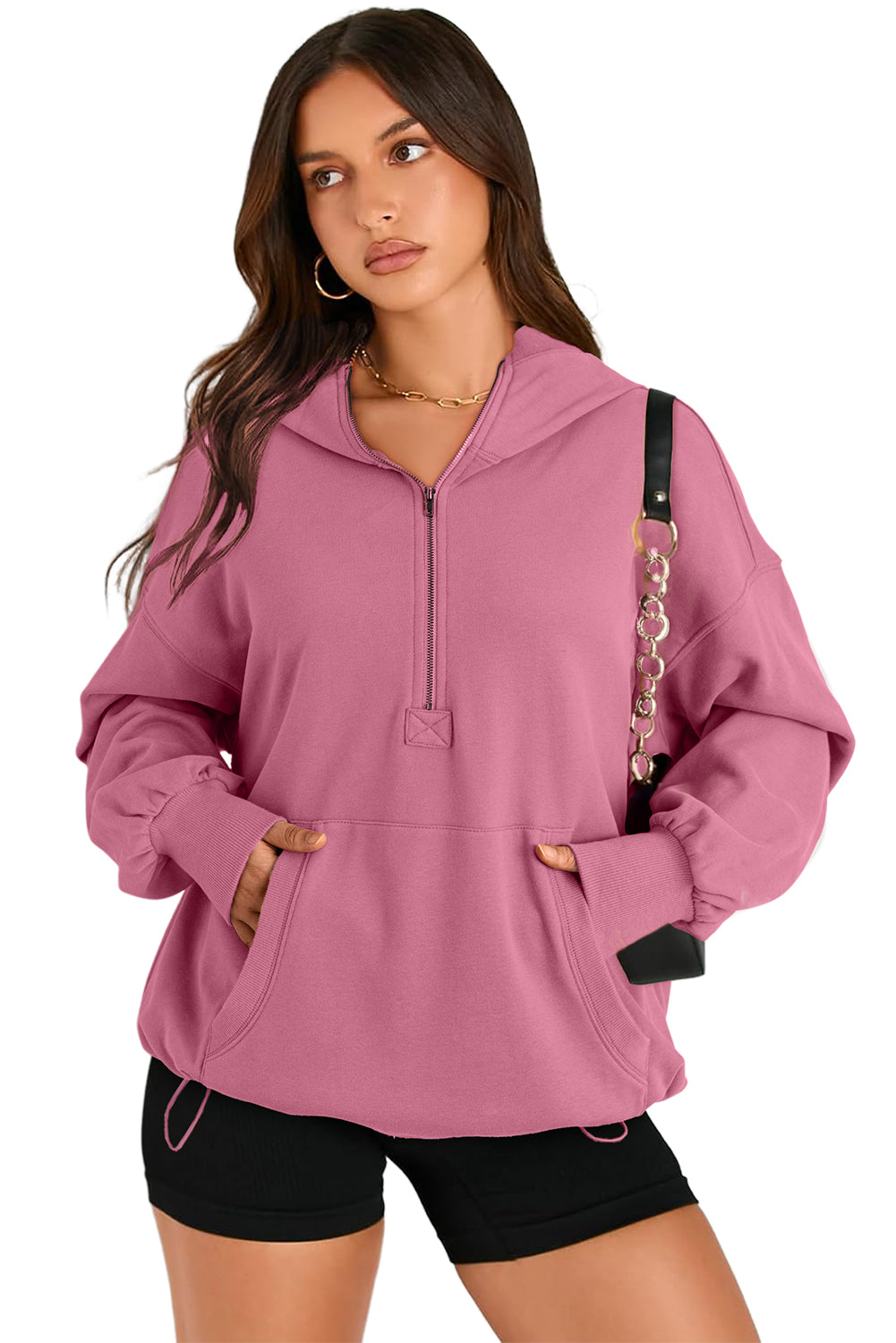 Aruba Blue Kangaroo Pocket Half Zipper Oversized Hoodie