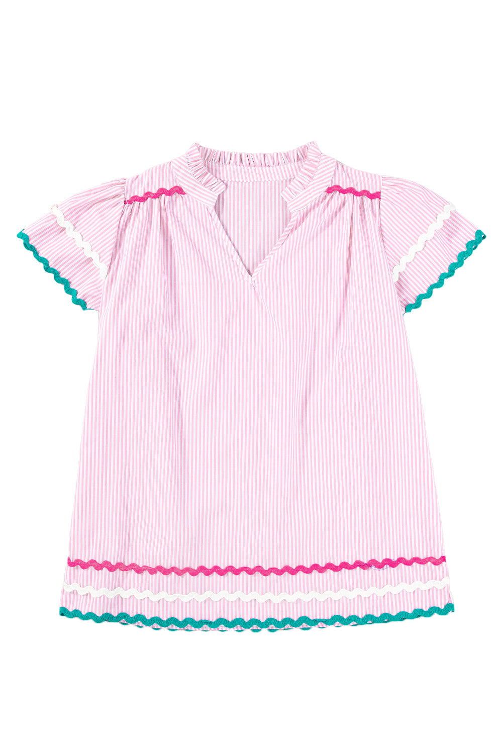 Sky Blue Striped Ricrac Splicing Frill V-Neck Blouse