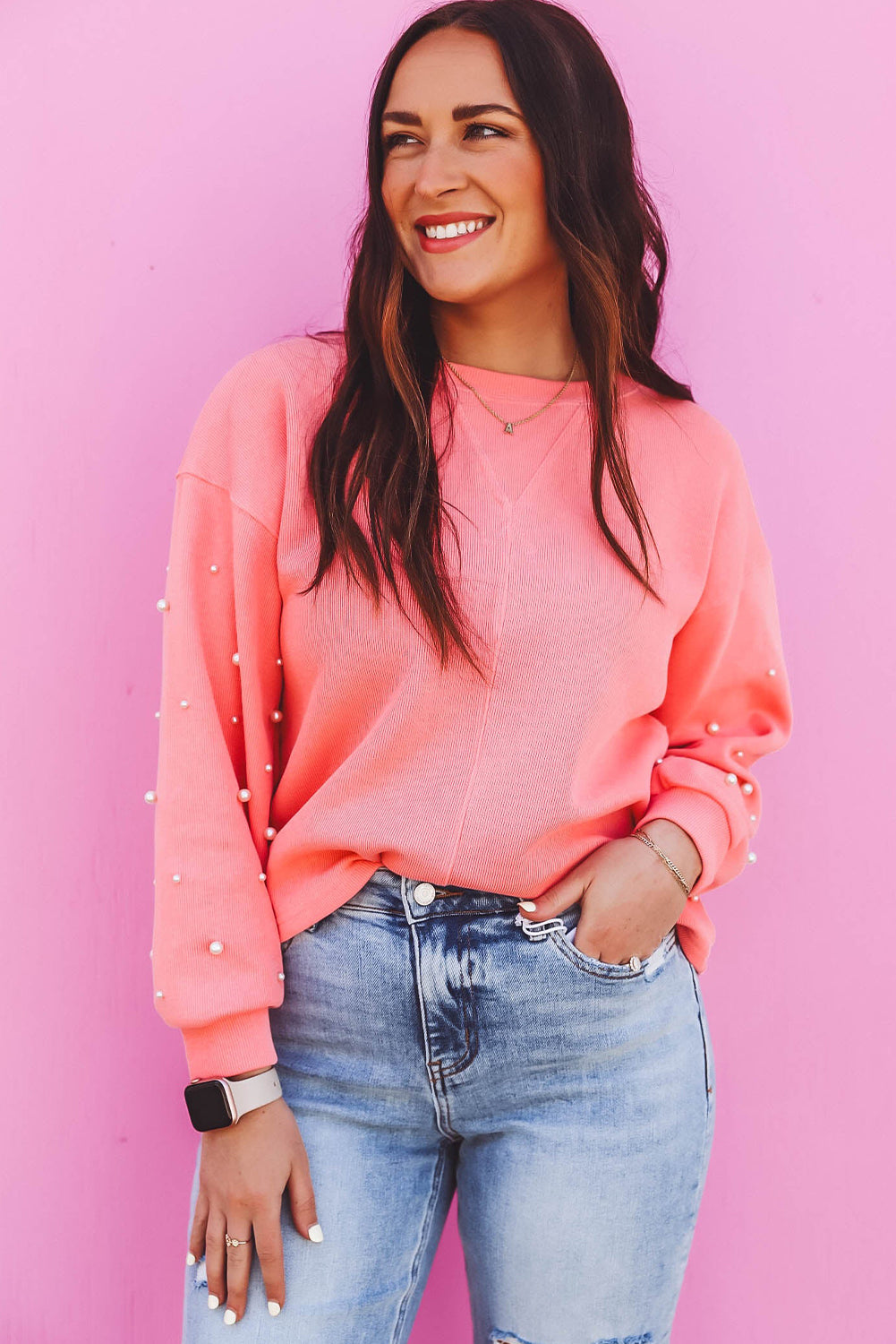 Blossom Pearl Sleeves Ribbed Pullover Sweatshirt