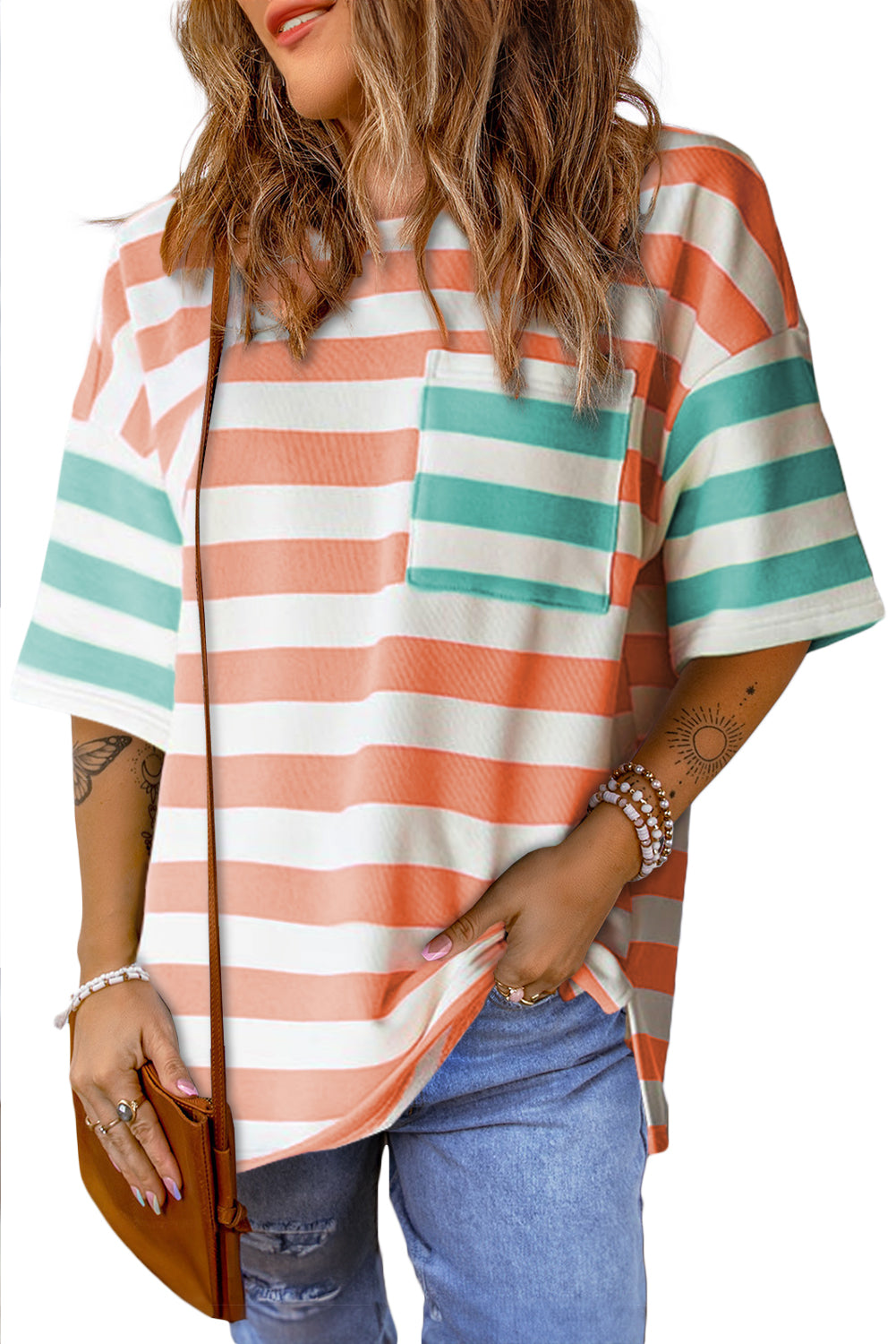 Blue Stripe Patch Pocket Drop Sleeve Slits T Shirt