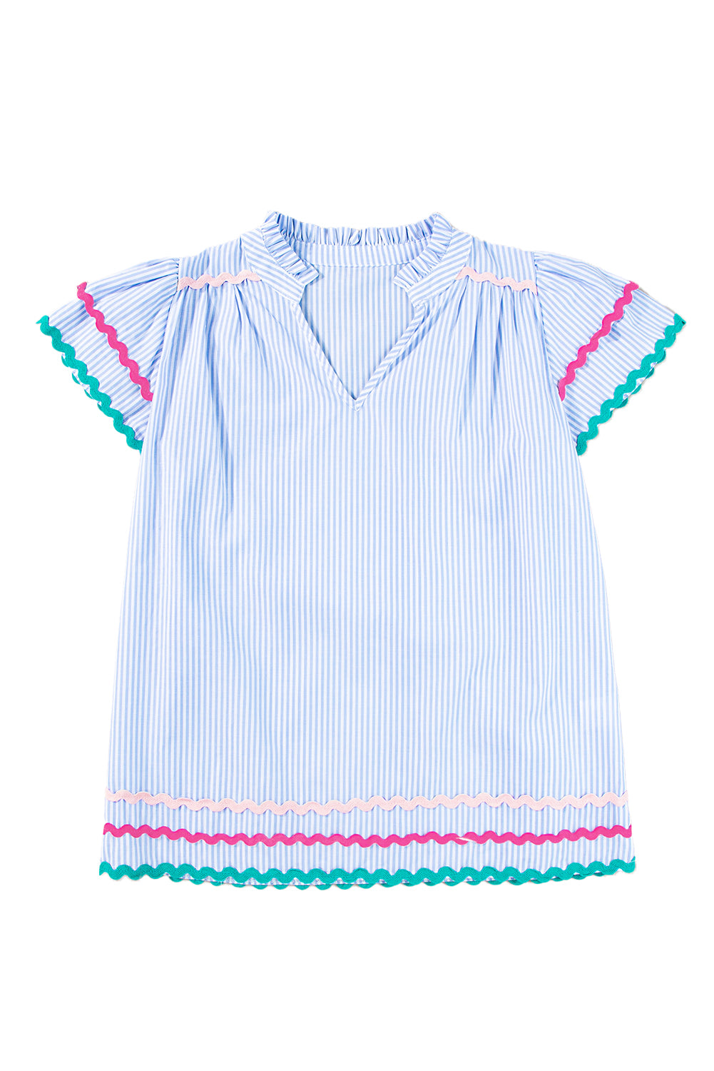 Sky Blue Striped Ricrac Splicing Frill V-Neck Blouse