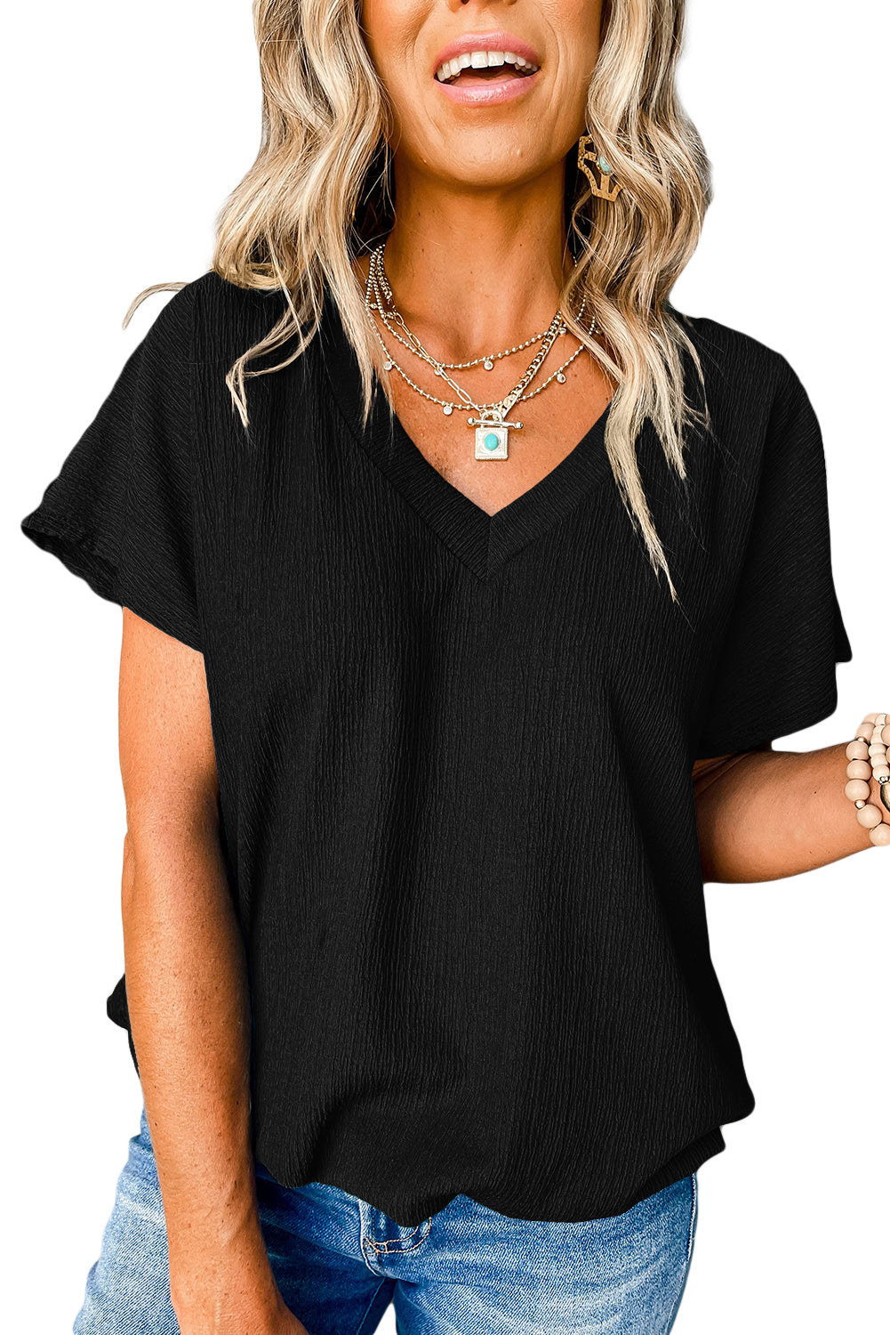 Blue Plain Crinkled V Neck Flounce Sleeve T Shirt