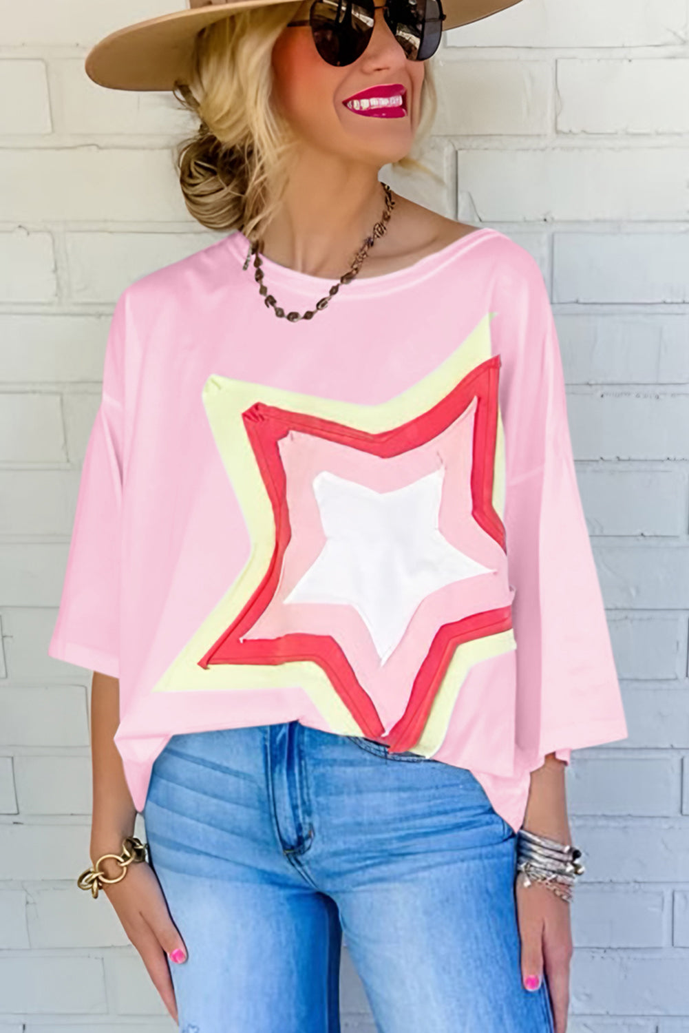 Bonbon Colorblock Star Patched Half Sleeve Oversized Tee