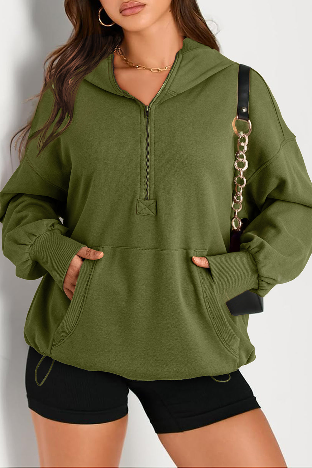 Aruba Blue Kangaroo Pocket Half Zipper Oversized Hoodie