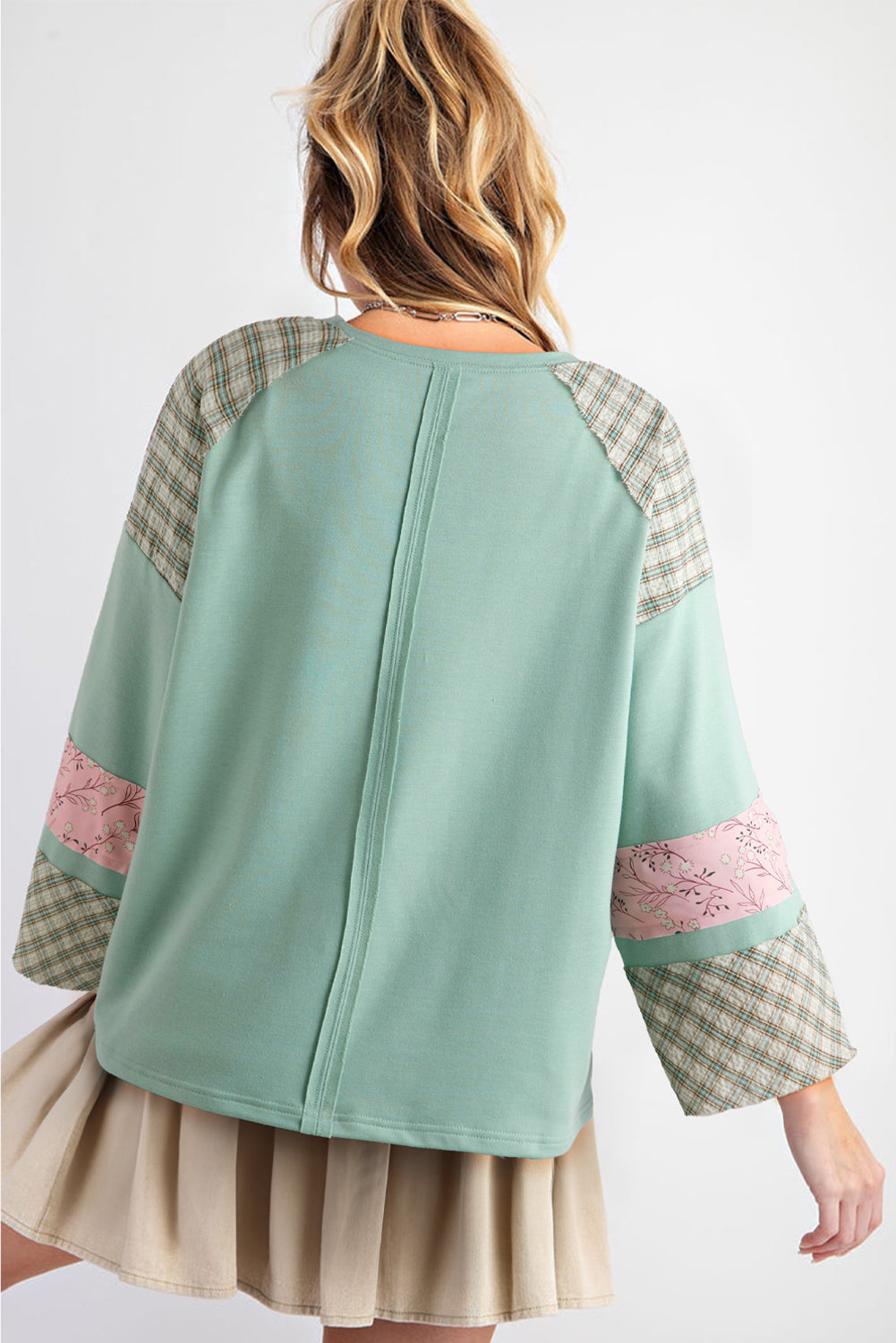 Aqua Plaid Floral Patchwork Heart Long Sleeve Top