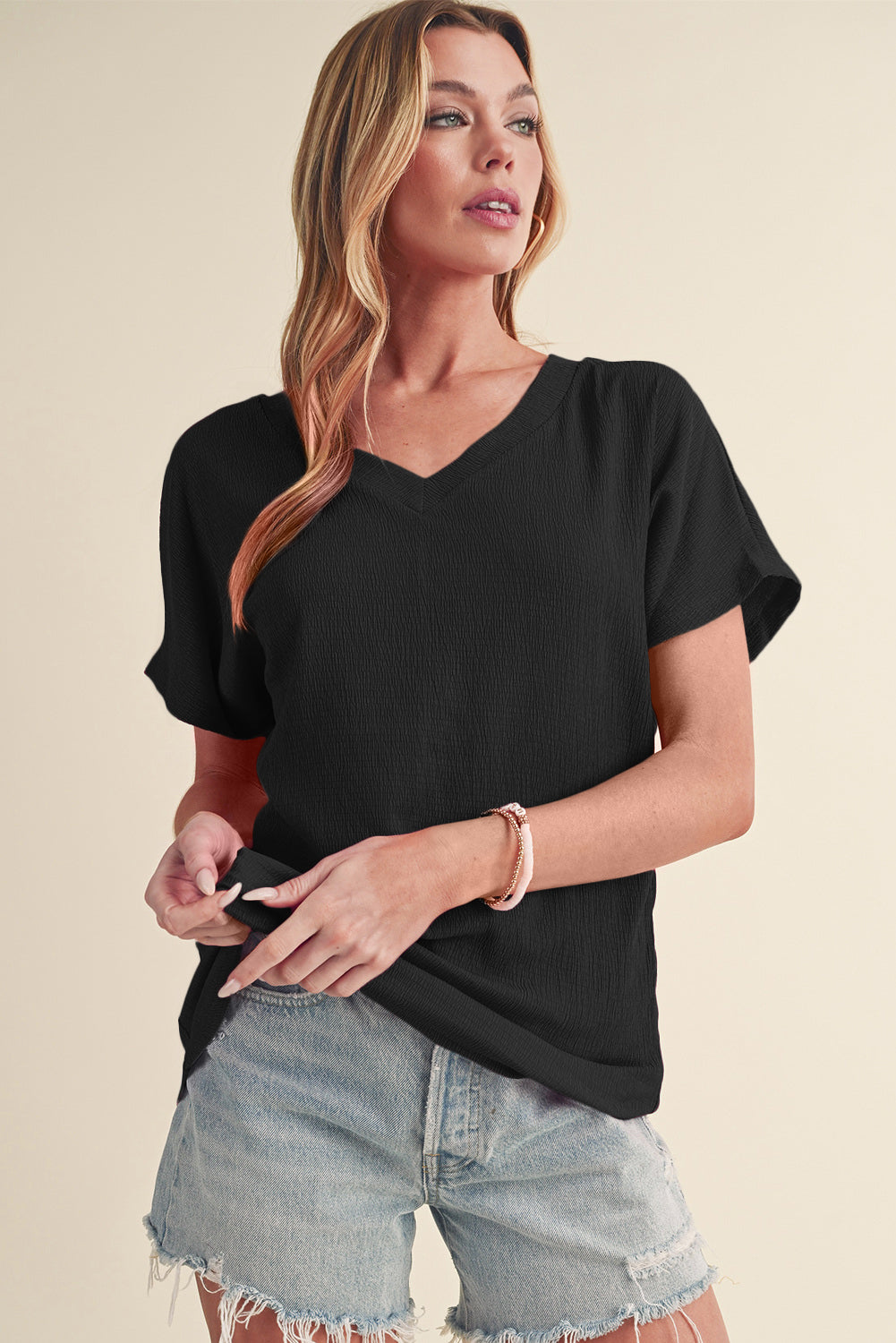 Blue Plain Crinkled V Neck Flounce Sleeve T Shirt