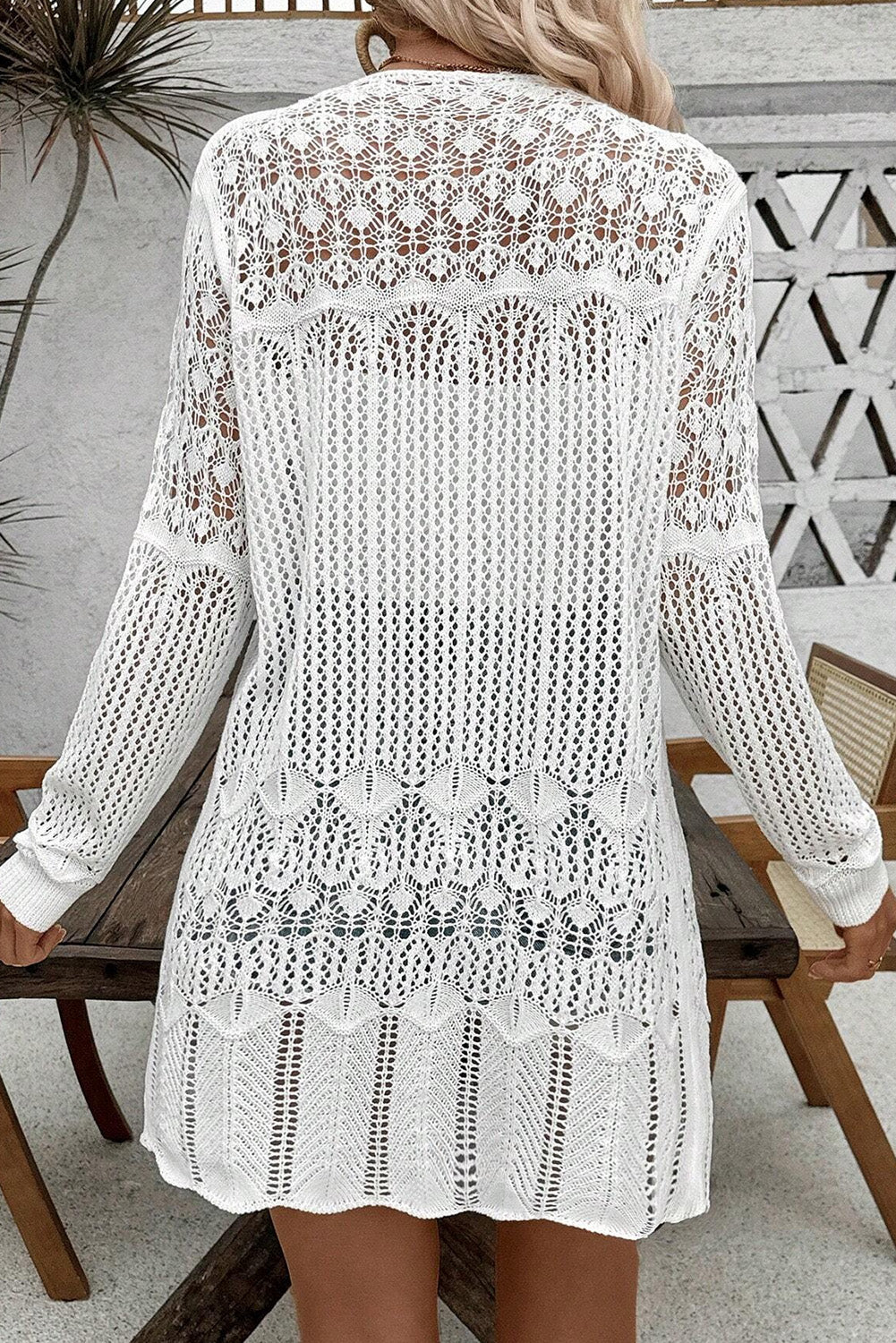 Black Hollow Out Crochet Open Front Long Cardigan