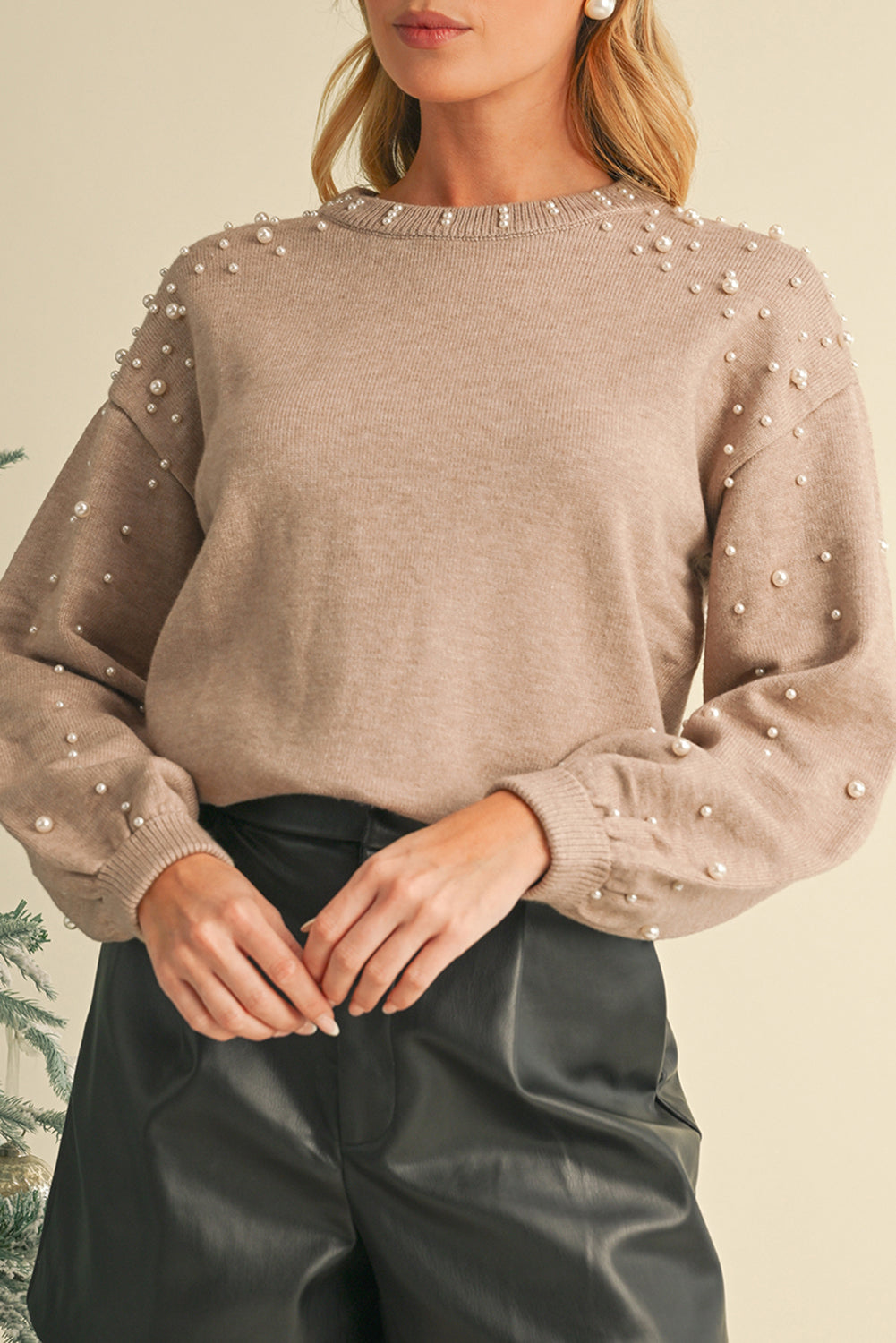 Light Grey Pearl Drop Shoulder Round Neck Sweater