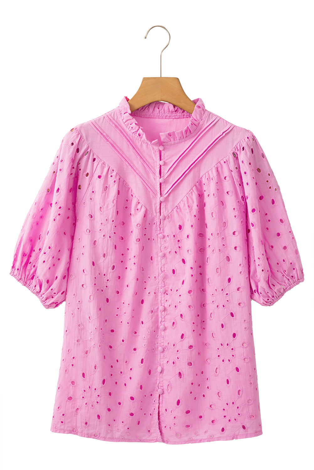 Black Hollow-out Flower Embroidered Short Puff Sleeve Blouse