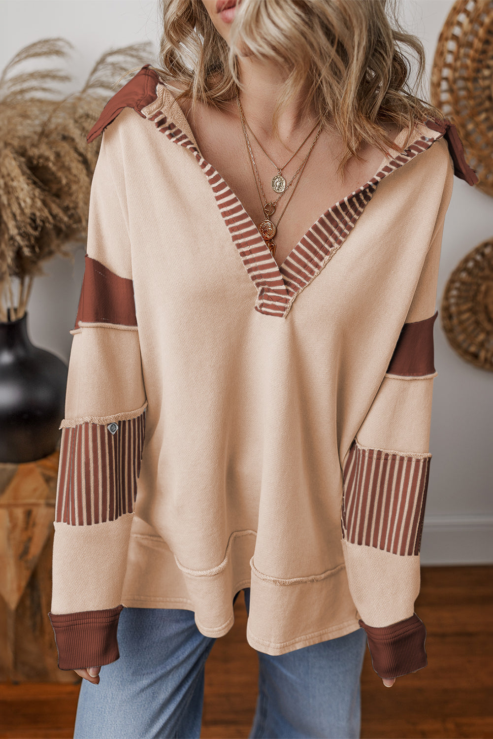 Black Striped Patchwork Collar Sweatshirt