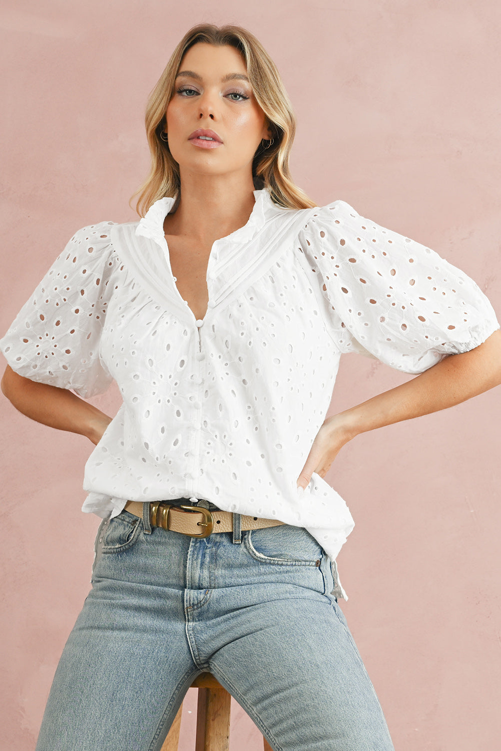 Black Hollow-out Flower Embroidered Short Puff Sleeve Blouse