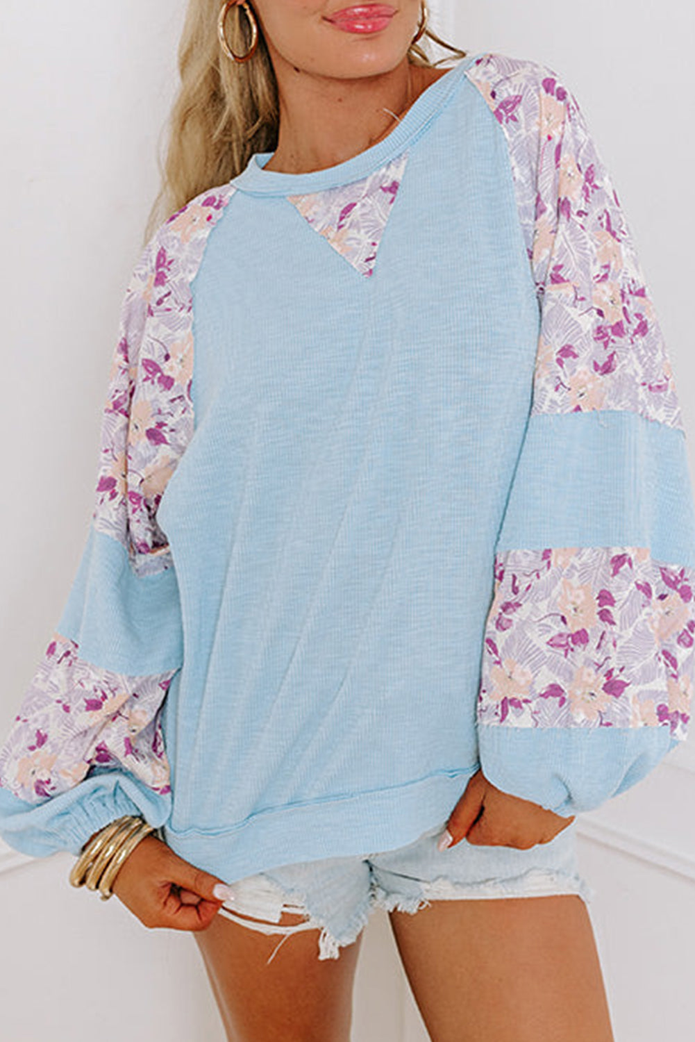 Apricot Crinkle Rib Floral Patchwork Balloon Sleeve Top