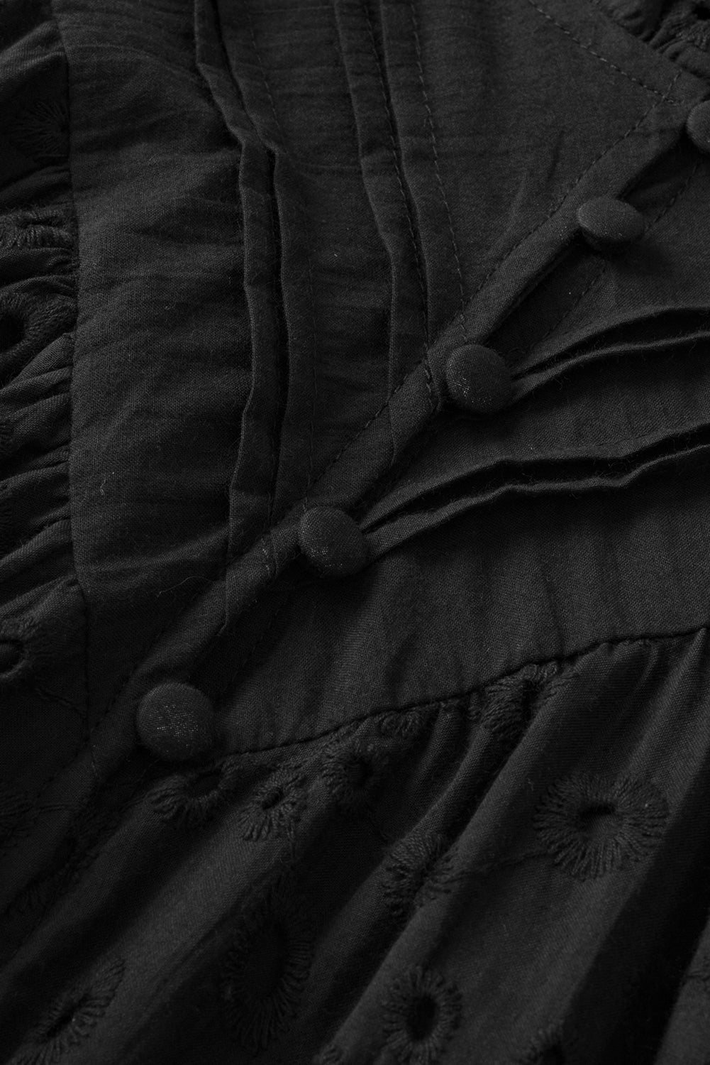 Black Hollow-out Flower Embroidered Short Puff Sleeve Blouse