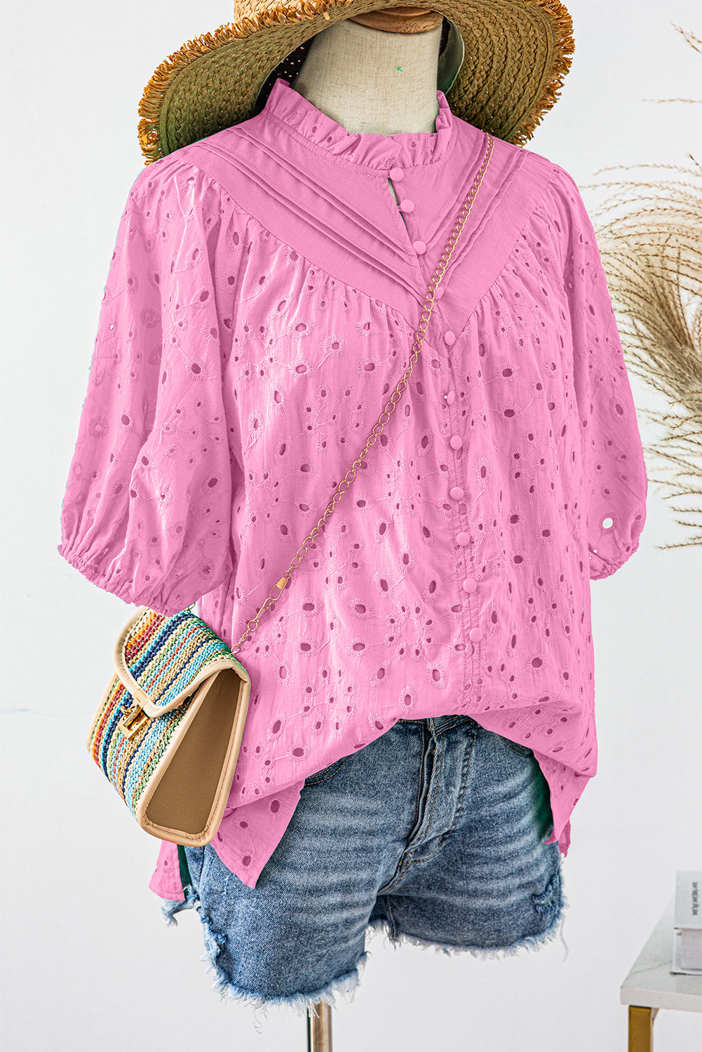 Black Hollow-out Flower Embroidered Short Puff Sleeve Blouse