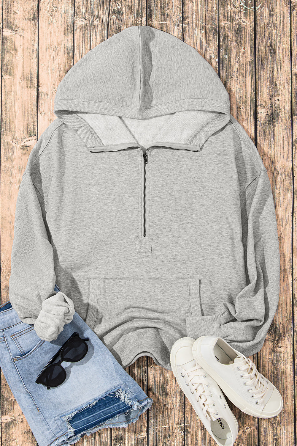Aruba Blue Kangaroo Pocket Half Zipper Oversized Hoodie
