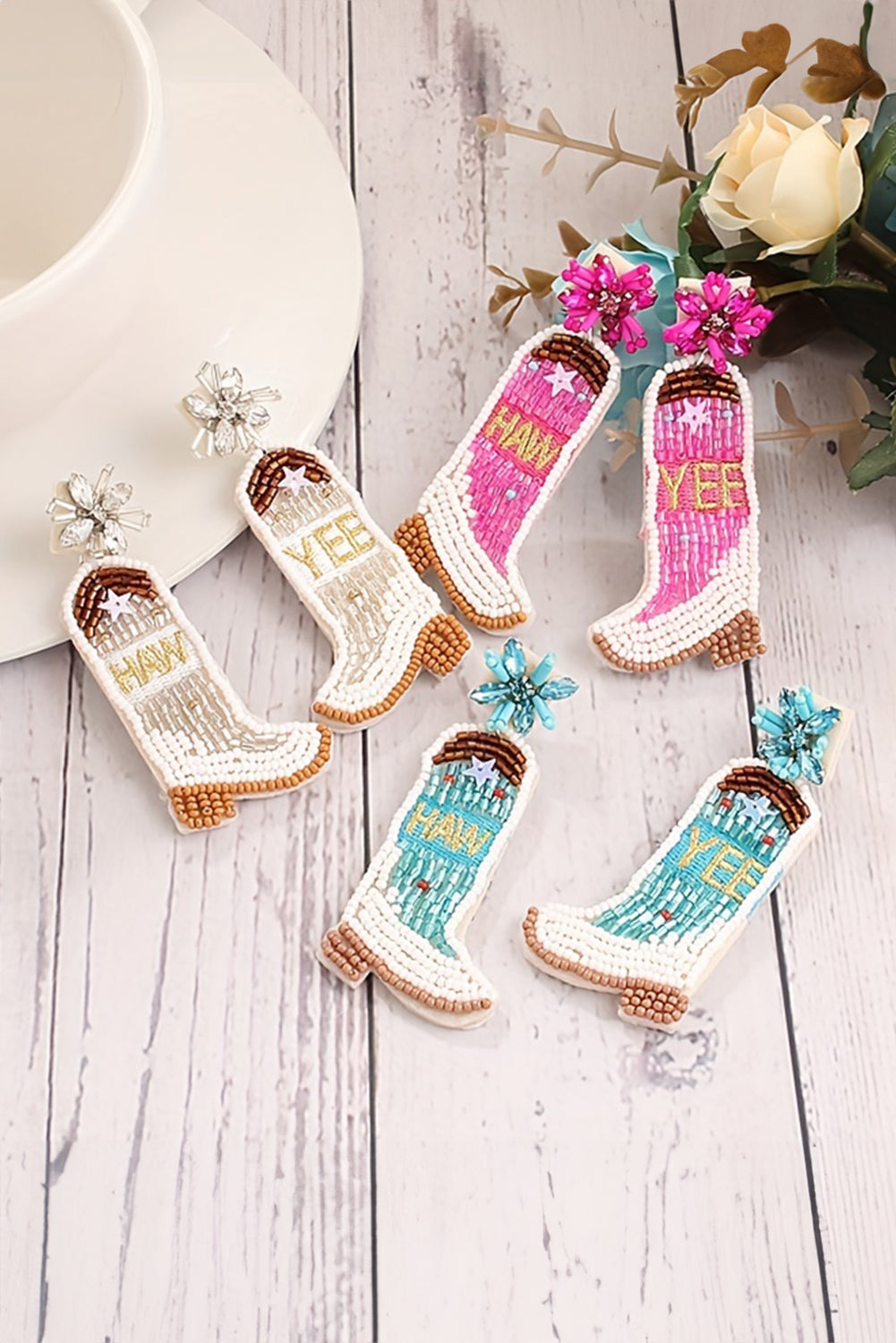 Beige Rice Beaded Boots Dangle Earrings