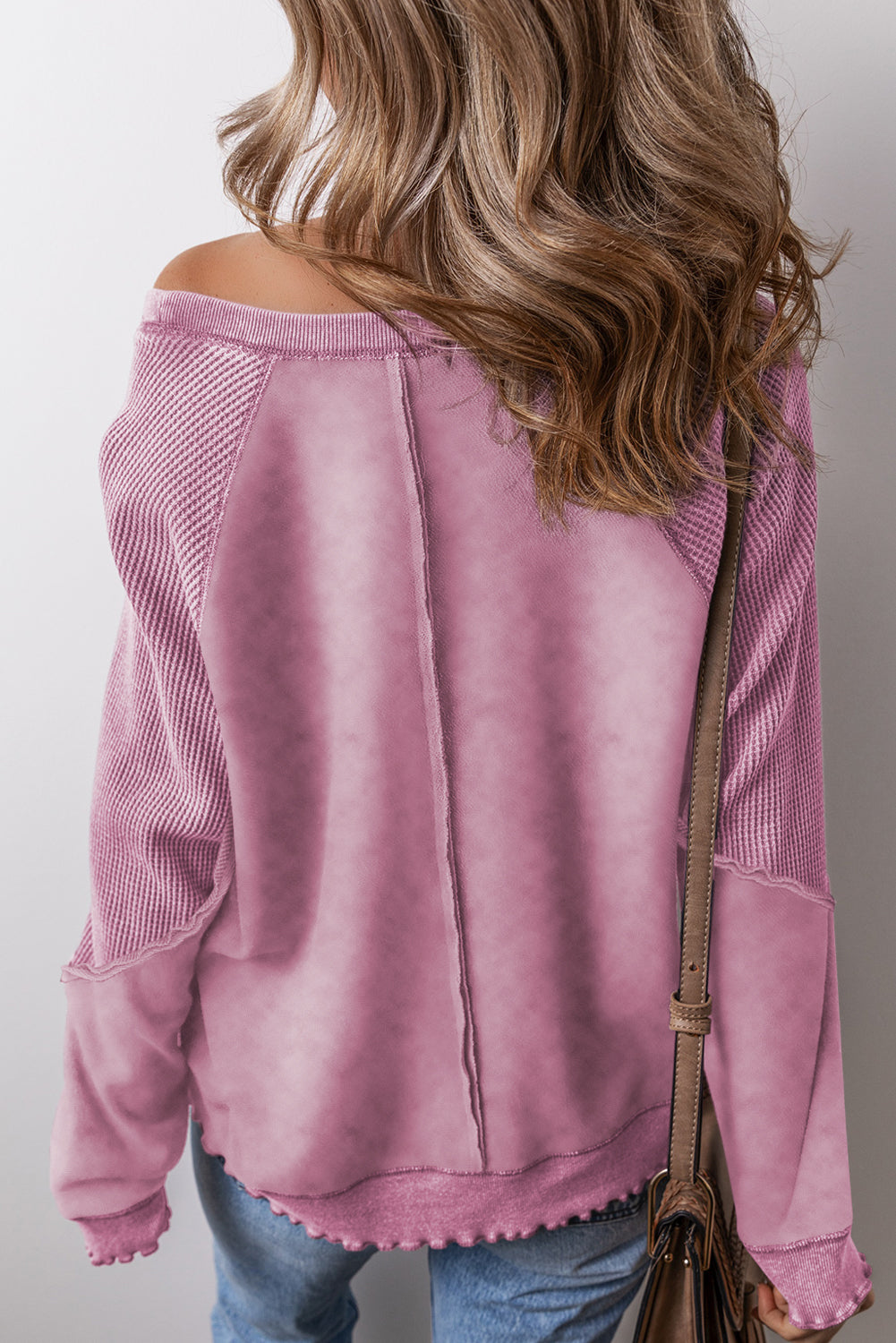 Sail Blue Waffle Knit Patchwork Raglan Sleeve Sweatshirt