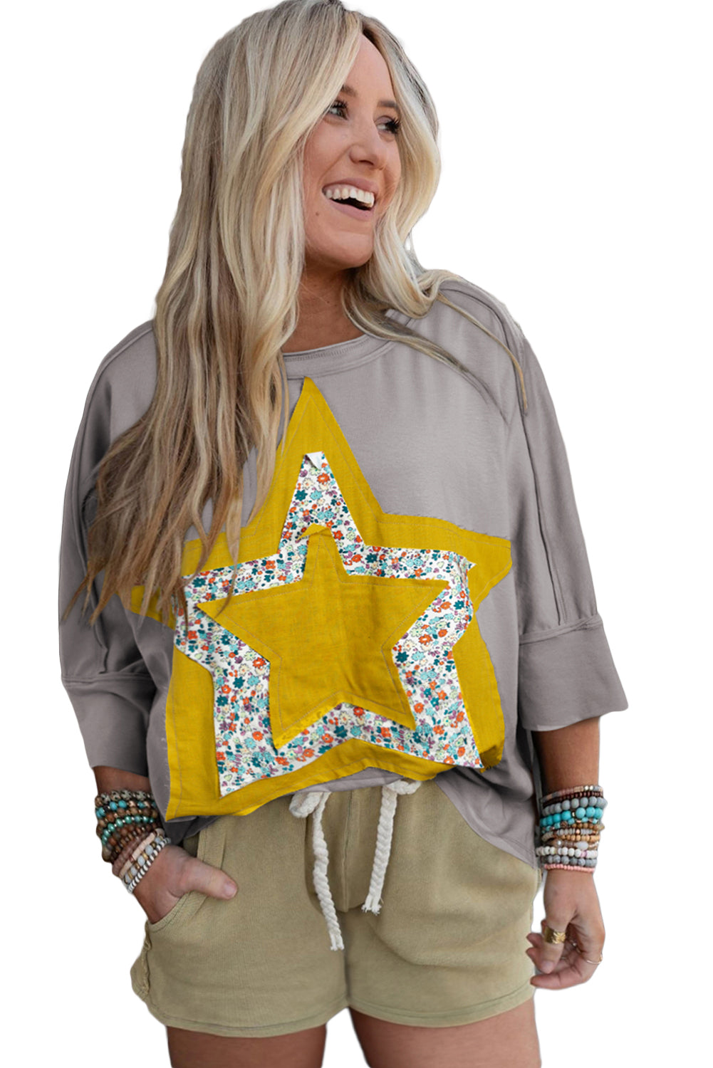 Medium Grey Floral Star Patched 3/4 Sleeve Plus Size Top