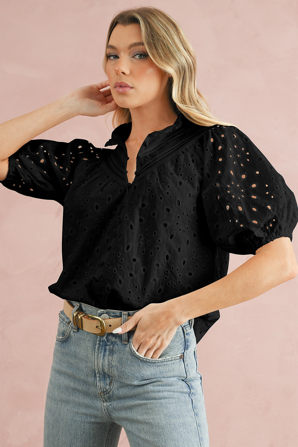 Black Hollow-out Flower Embroidered Short Puff Sleeve Blouse