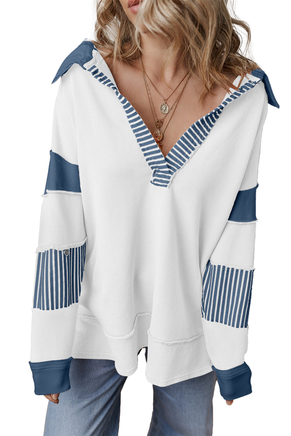 Black Striped Patchwork Collar Sweatshirt