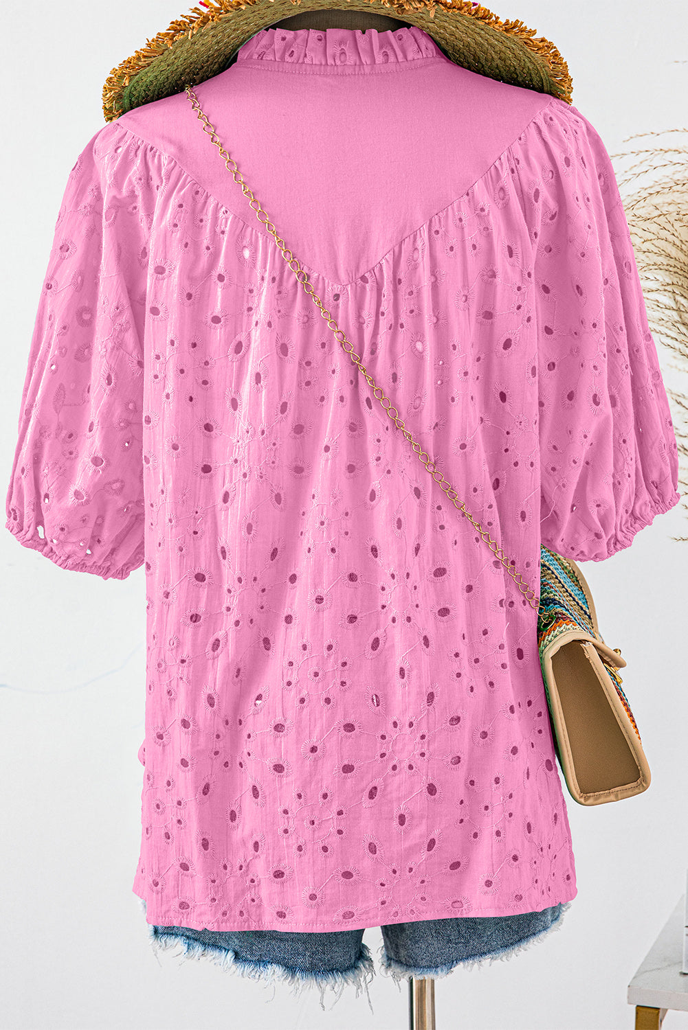 Black Hollow-out Flower Embroidered Short Puff Sleeve Blouse
