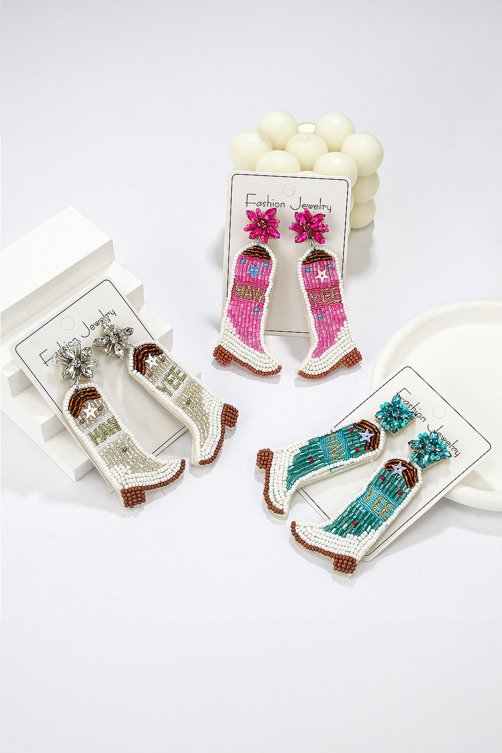 Beige Rice Beaded Boots Dangle Earrings