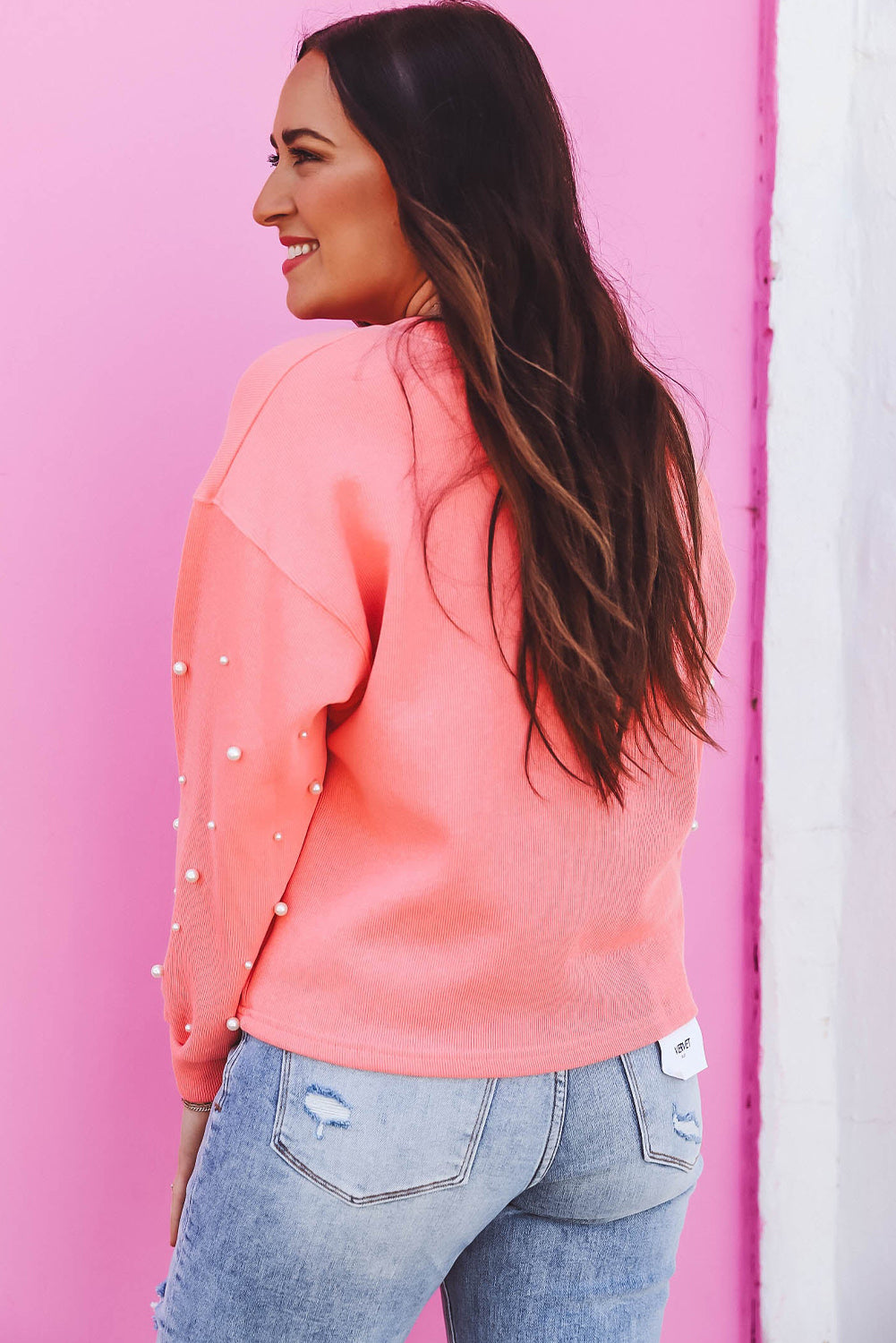 Blossom Pearl Sleeves Ribbed Pullover Sweatshirt