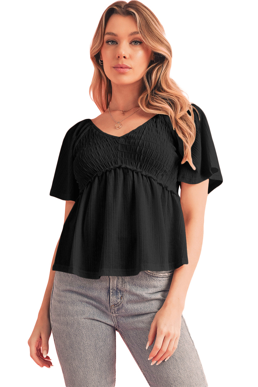 Black Shirred V Neck Short Flutter Sleeve Textured Blouse
