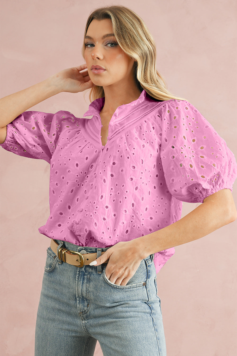 Black Hollow-out Flower Embroidered Short Puff Sleeve Blouse