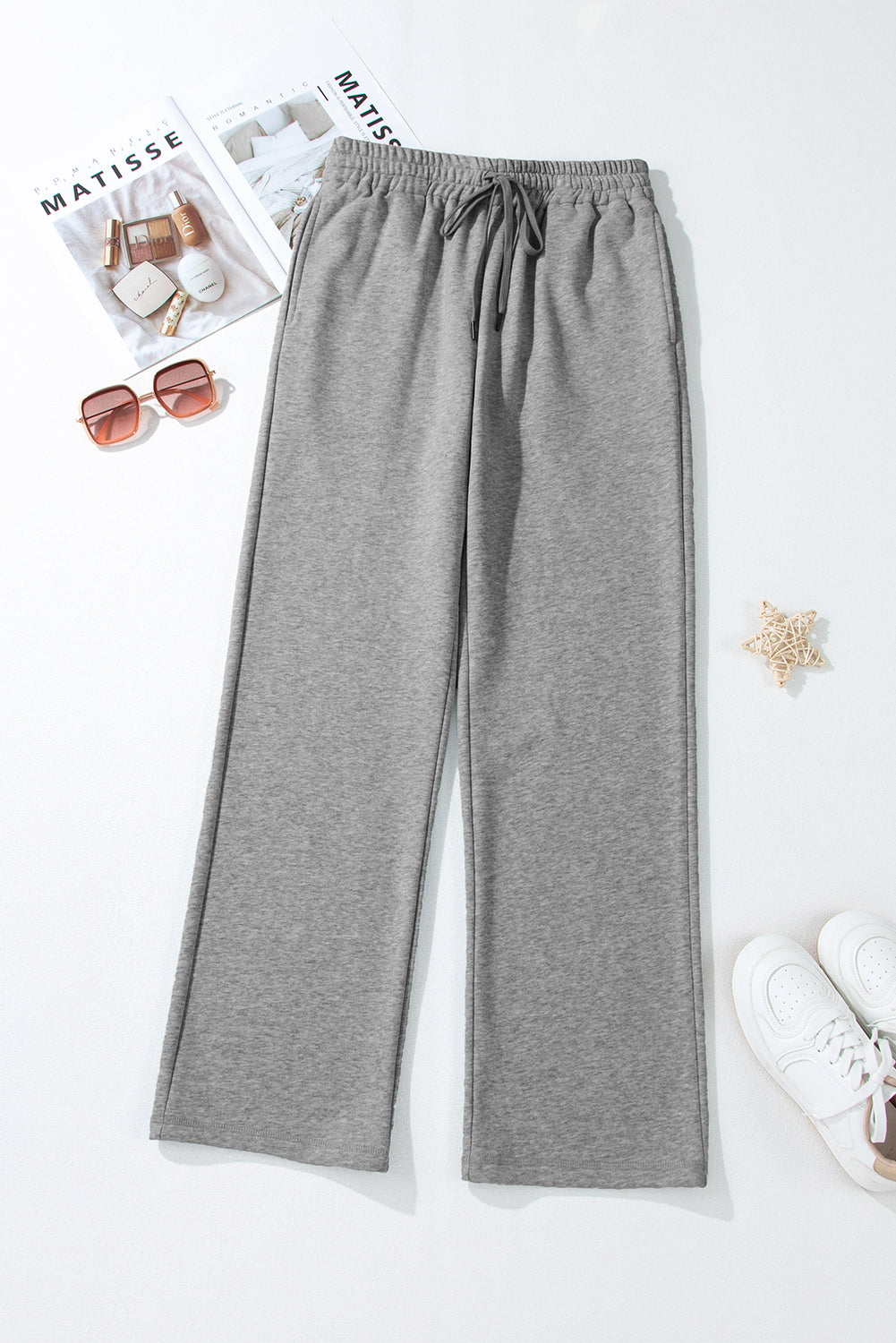 Black Solid Color Fleece Lined Drawstring Waist Pants