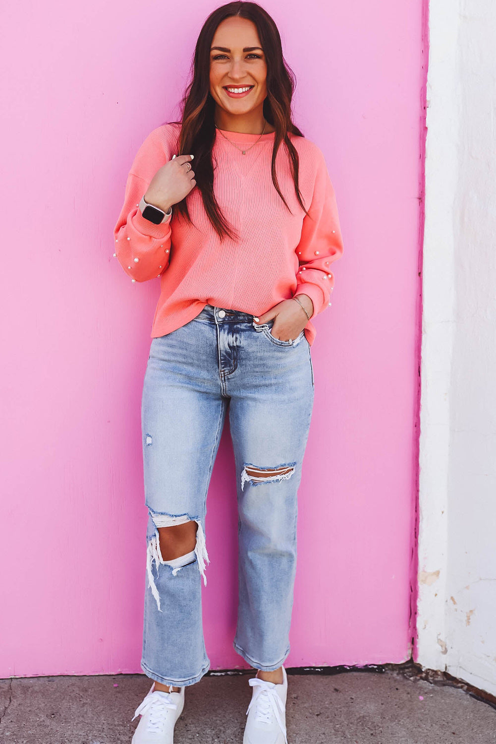 Blossom Pearl Sleeves Ribbed Pullover Sweatshirt