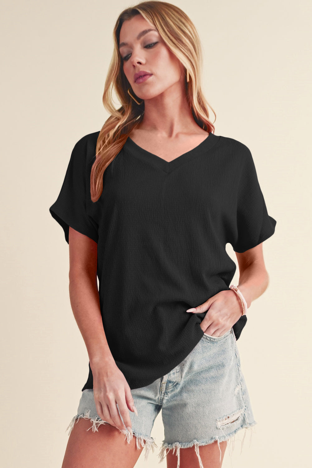 Blue Plain Crinkled V Neck Flounce Sleeve T Shirt