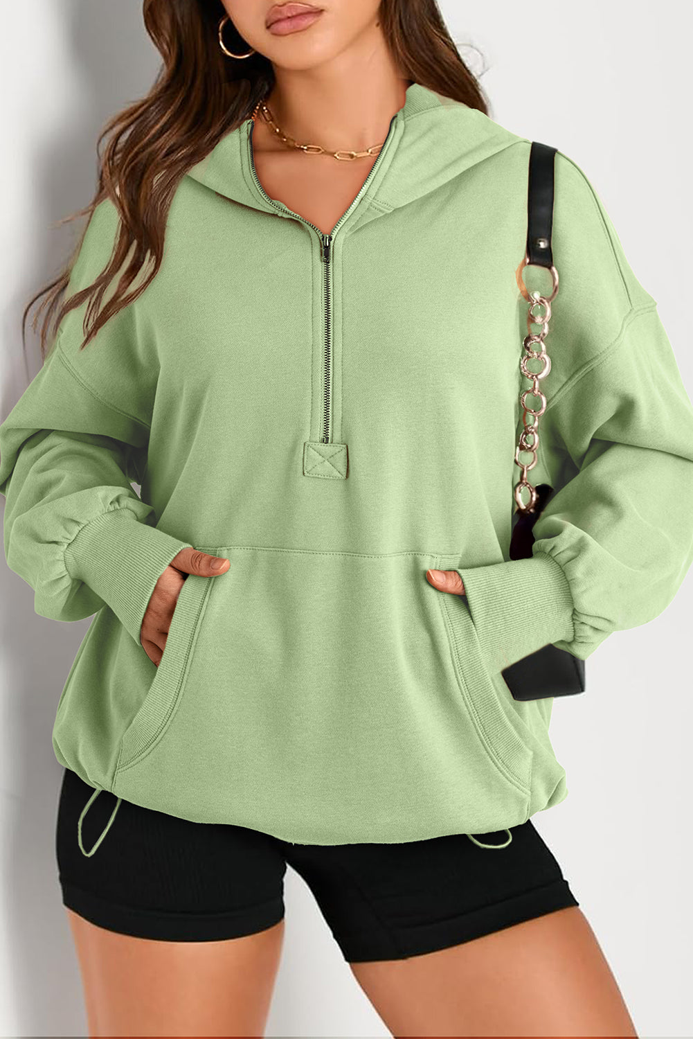 Aruba Blue Kangaroo Pocket Half Zipper Oversized Hoodie