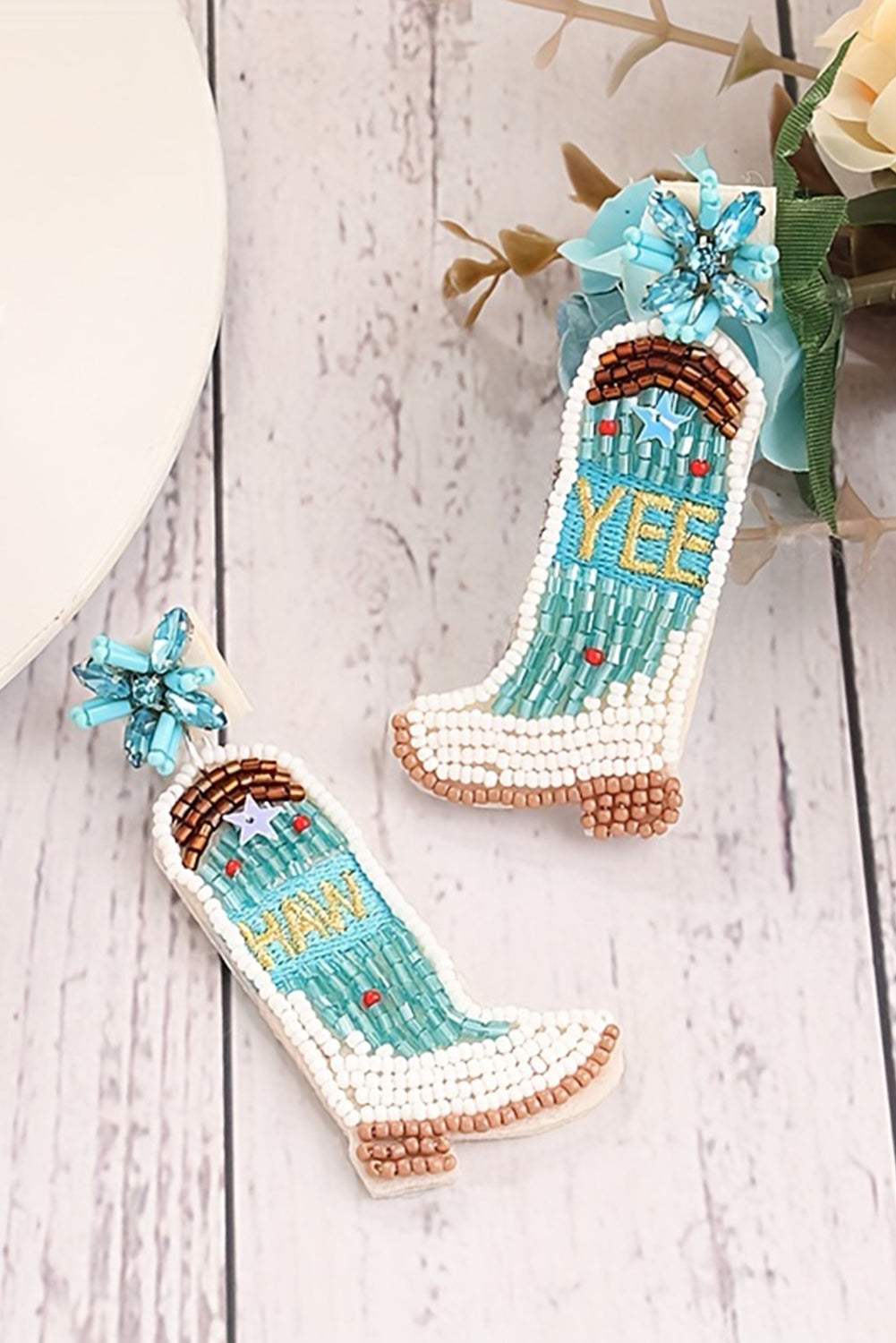 Beige Rice Beaded Boots Dangle Earrings