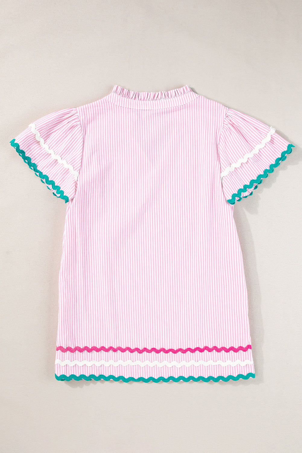 Sky Blue Striped Ricrac Splicing Frill V-Neck Blouse