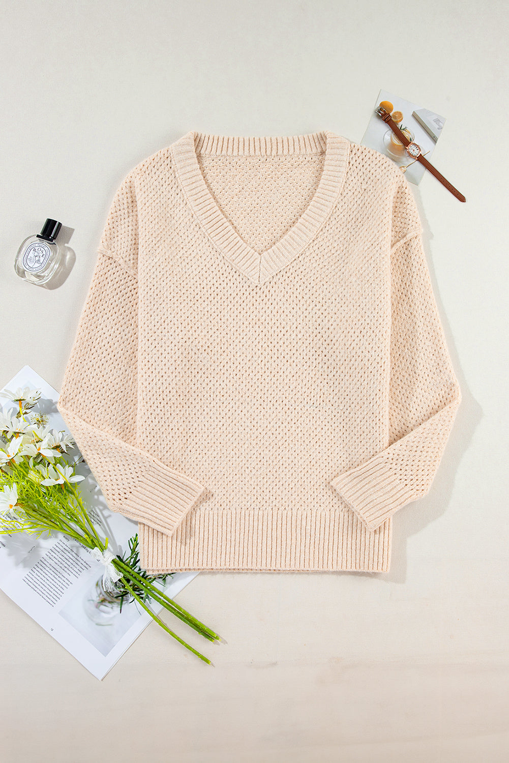 Light Grey Plain Oversized Hollowed Knit Sweater