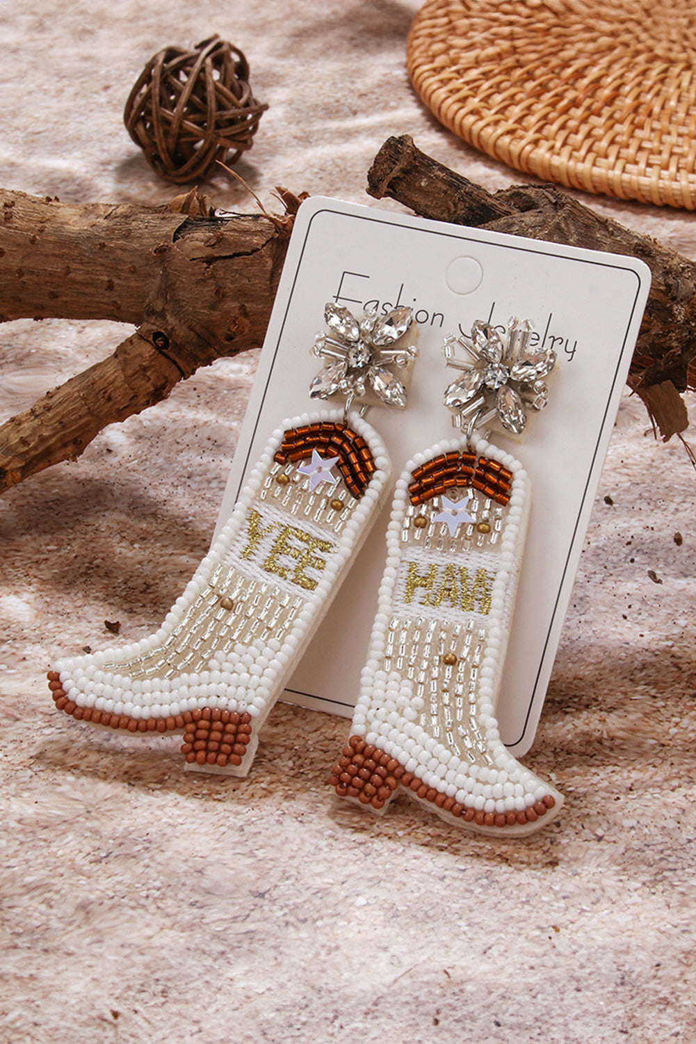 Beige Rice Beaded Boots Dangle Earrings