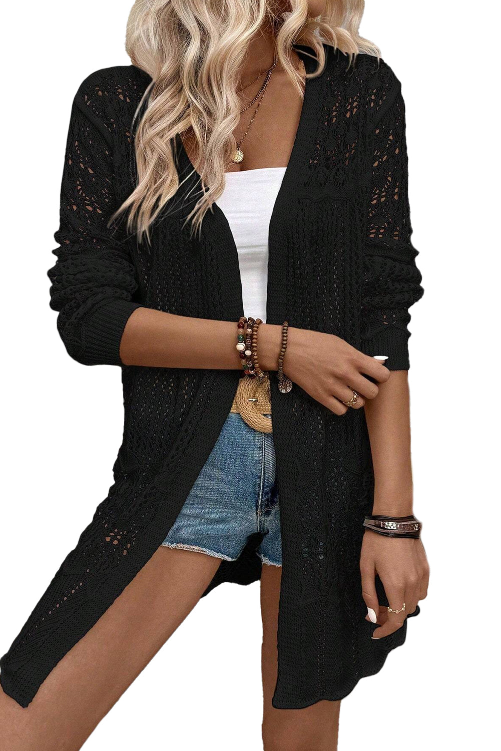 Black Hollow Out Crochet Open Front Long Cardigan