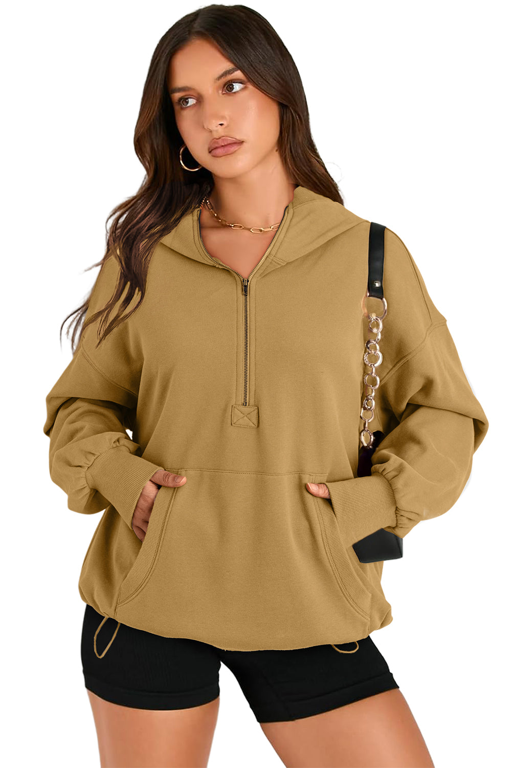 Aruba Blue Kangaroo Pocket Half Zipper Oversized Hoodie