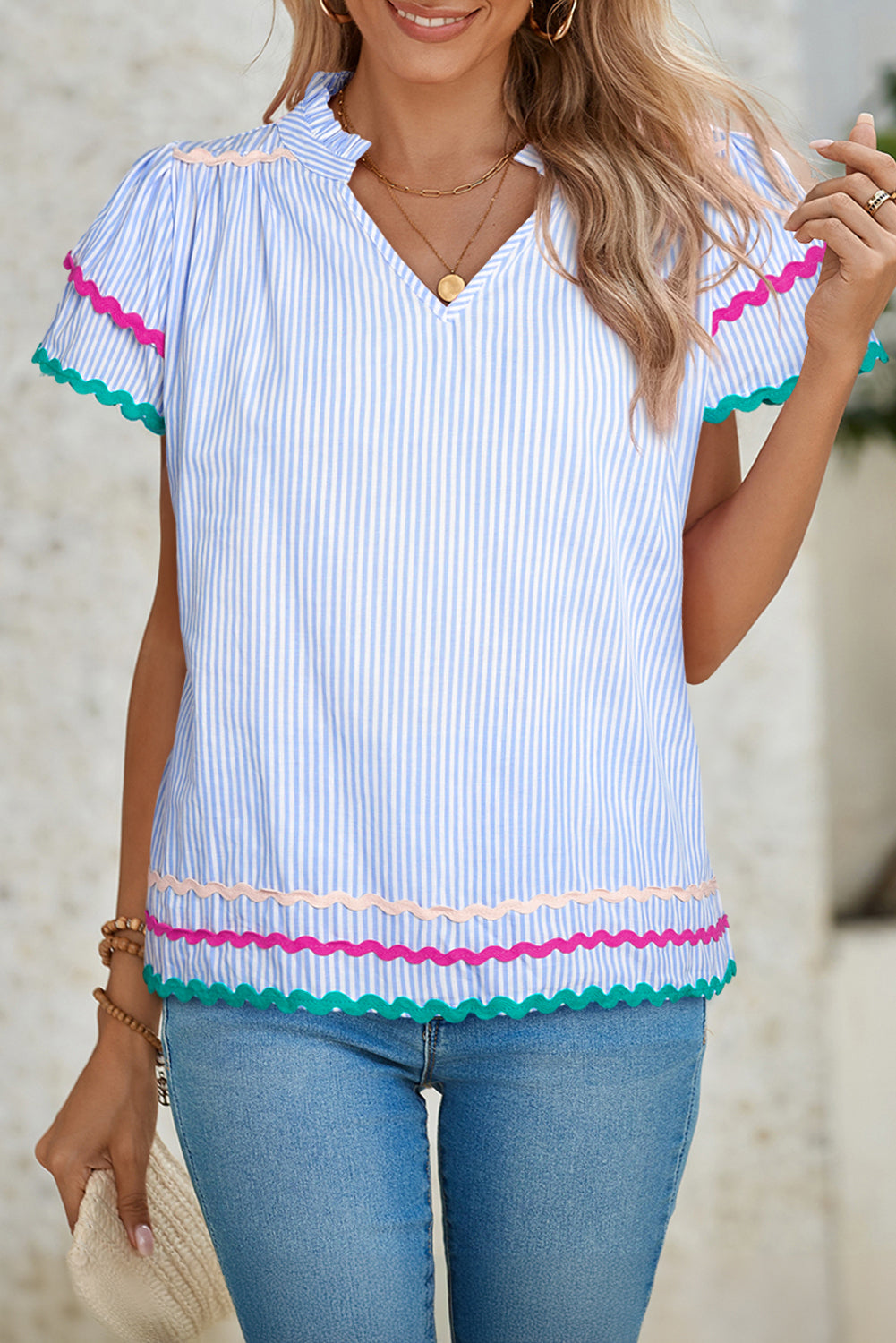 Sky Blue Striped Ricrac Splicing Frill V-Neck Blouse