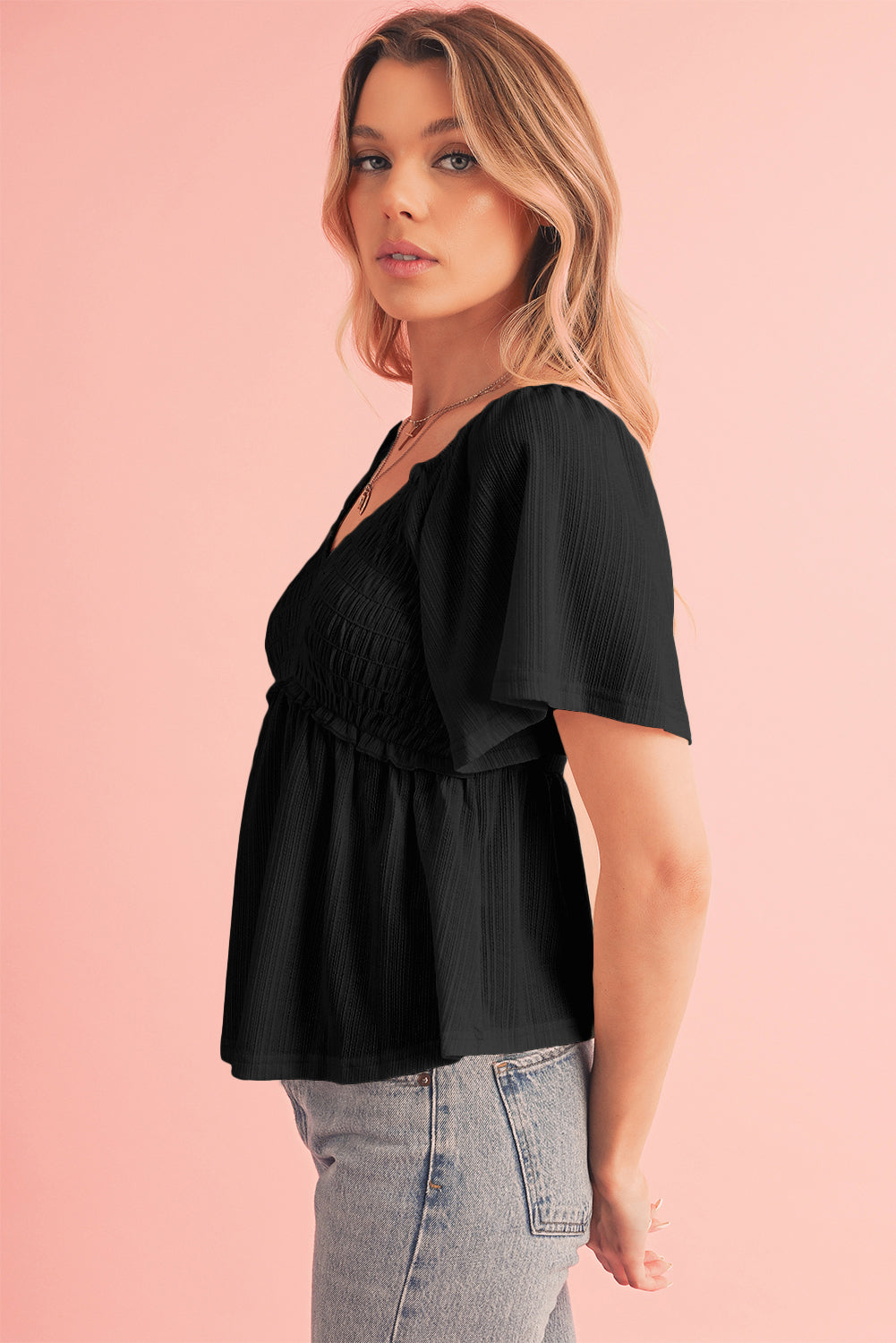 Black Shirred V Neck Short Flutter Sleeve Textured Blouse
