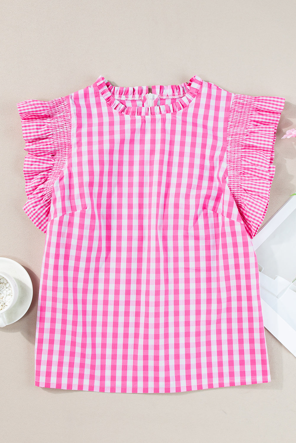 Black Checkered Ruffled Trim Frilled Neck Blouse