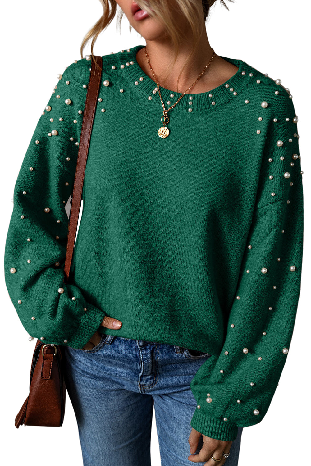 Light Grey Pearl Drop Shoulder Round Neck Sweater