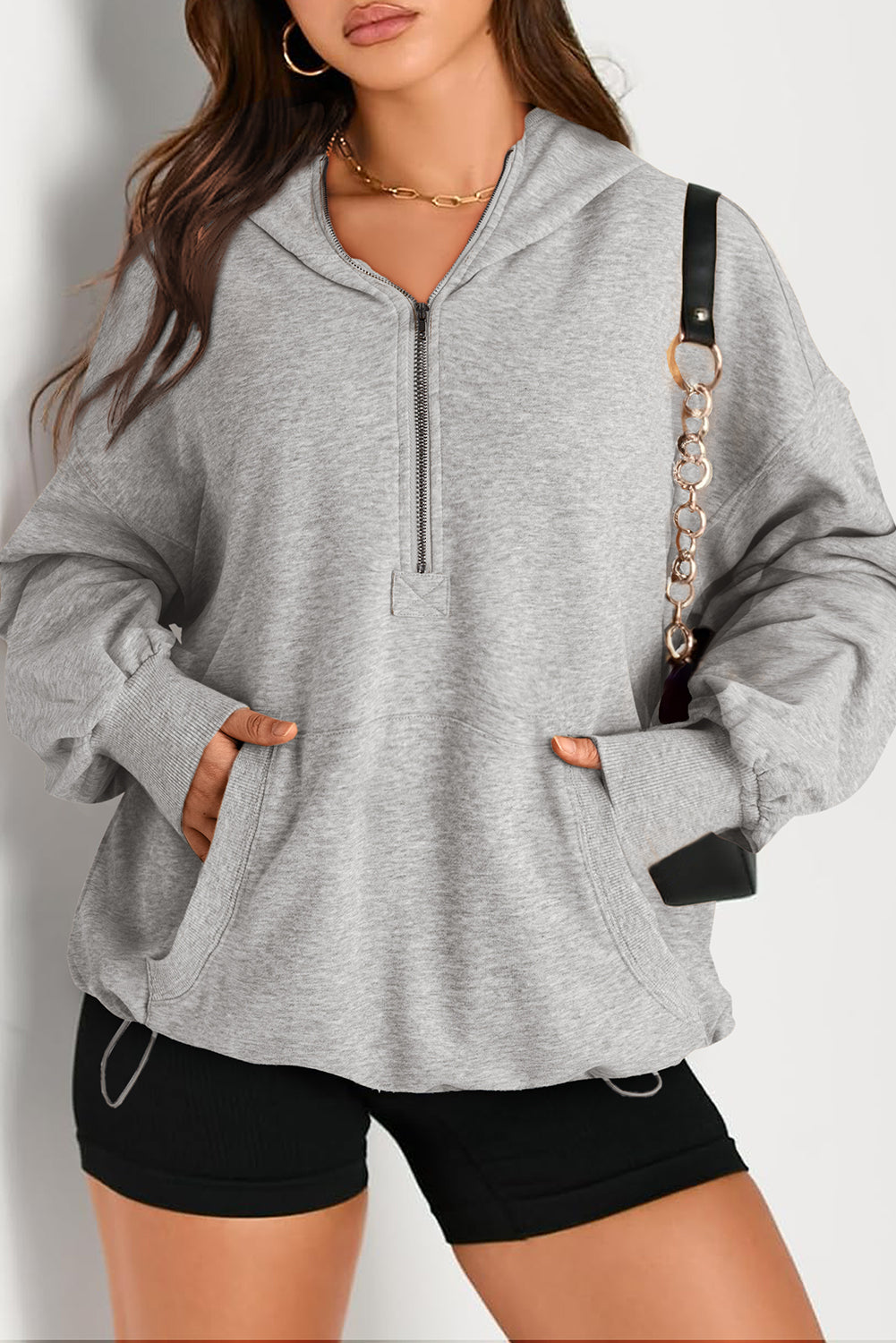 Aruba Blue Kangaroo Pocket Half Zipper Oversized Hoodie