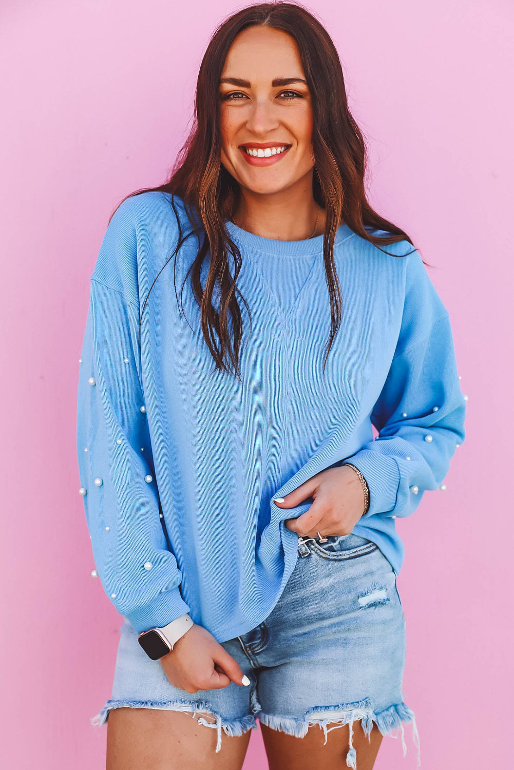 Blossom Pearl Sleeves Ribbed Pullover Sweatshirt